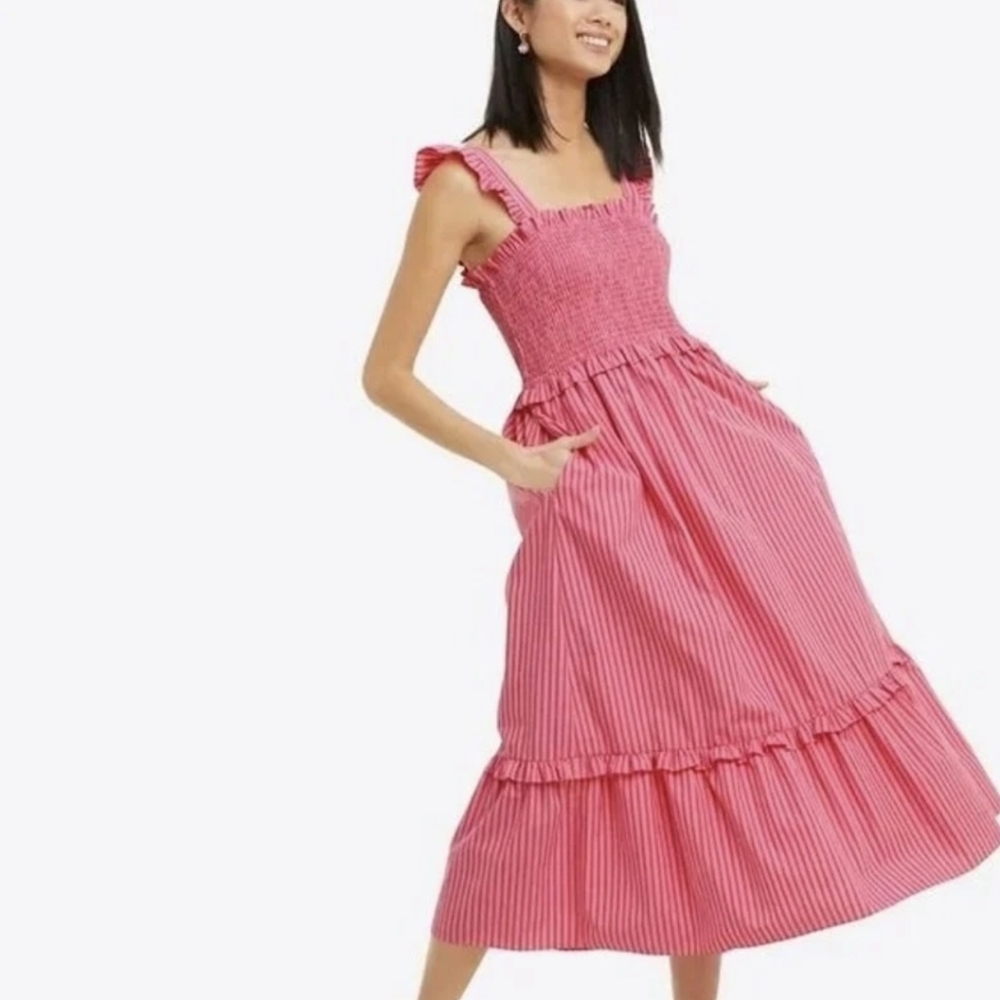 Draper James Kimberly‎ Smocked Midi Dress Multicolor Pink Stripes